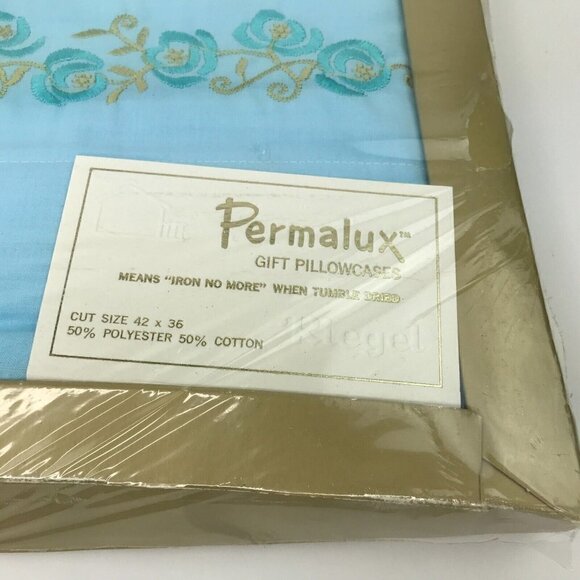 Vtg Sealed Riegel Permalux Gift Pillowcase Set Blue Embroidered Floral Design - Picture 4 of 10